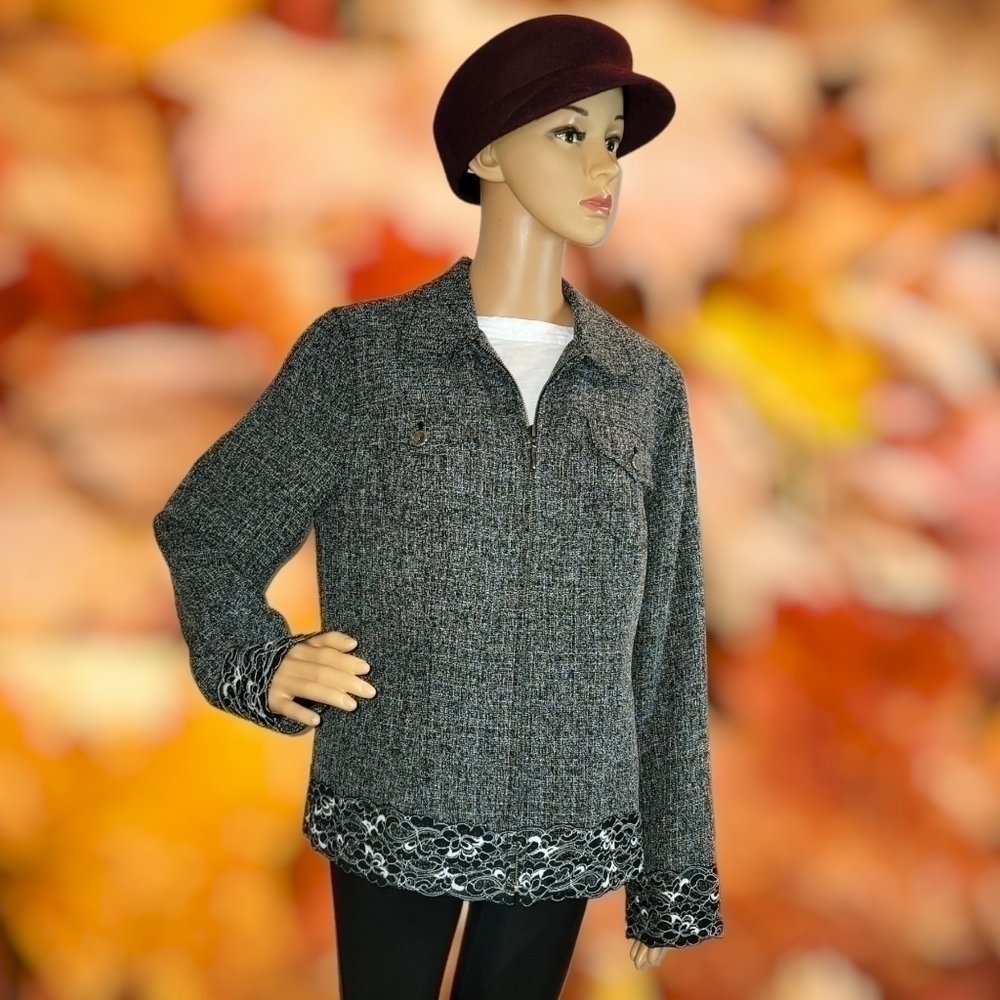 COLDWATER Creek Sz M Tweed Gray Blazer T43
